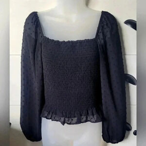 Lush Smocked Top Sheer Polkadot Puff Sleeve black womens sz Med. Crop Ruffle hem